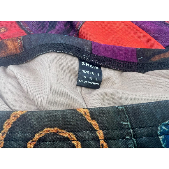 Romwe Grunge Patchwork Print Asymmetrical Hem Skirt S Boho NEW - Picture 3 of 6